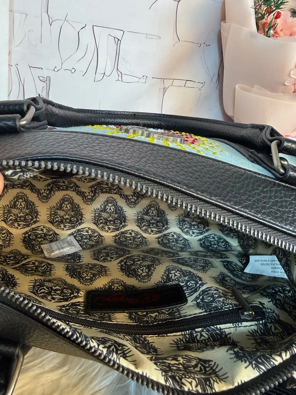 Ed Hardy Denim Blue Studded Eagle Satchel with Black Trim